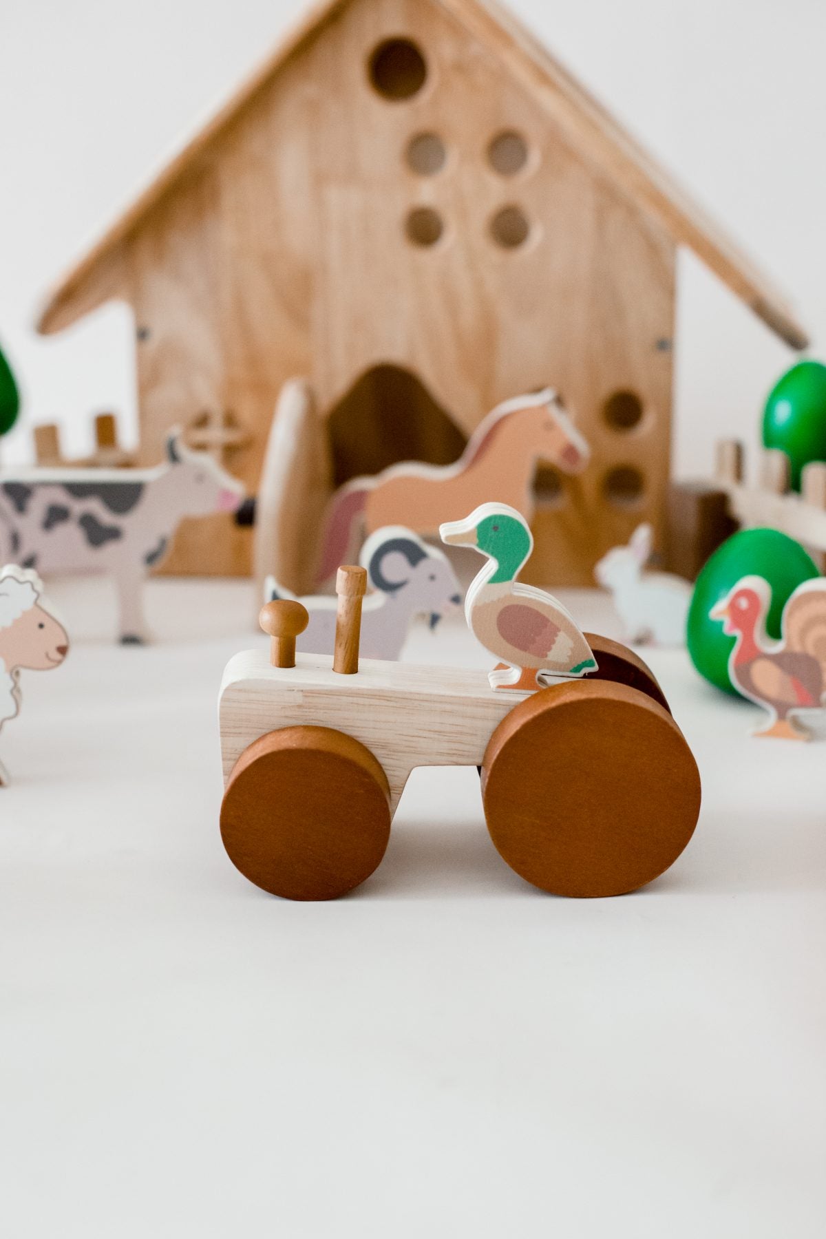 Wooden Farm Animals and Tractor Set