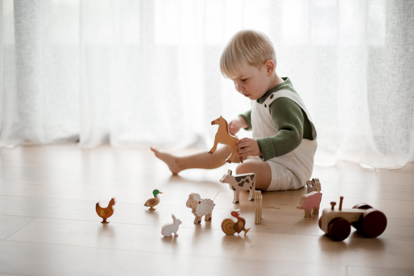 Wooden Farm Animals and Tractor Set