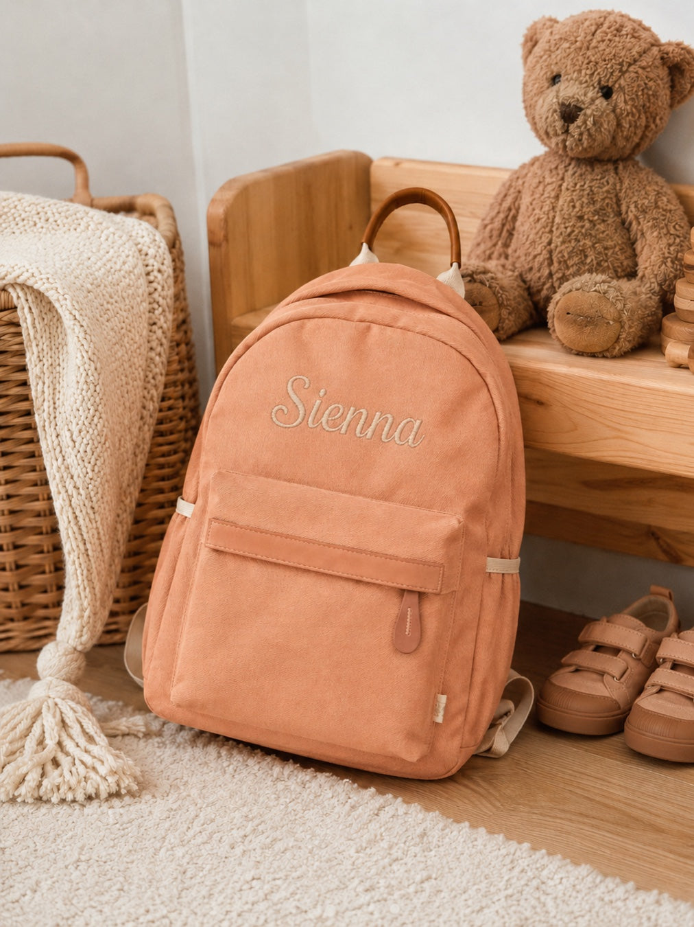 Welcomenest apricot personalised backpack with teddy, name Sienna