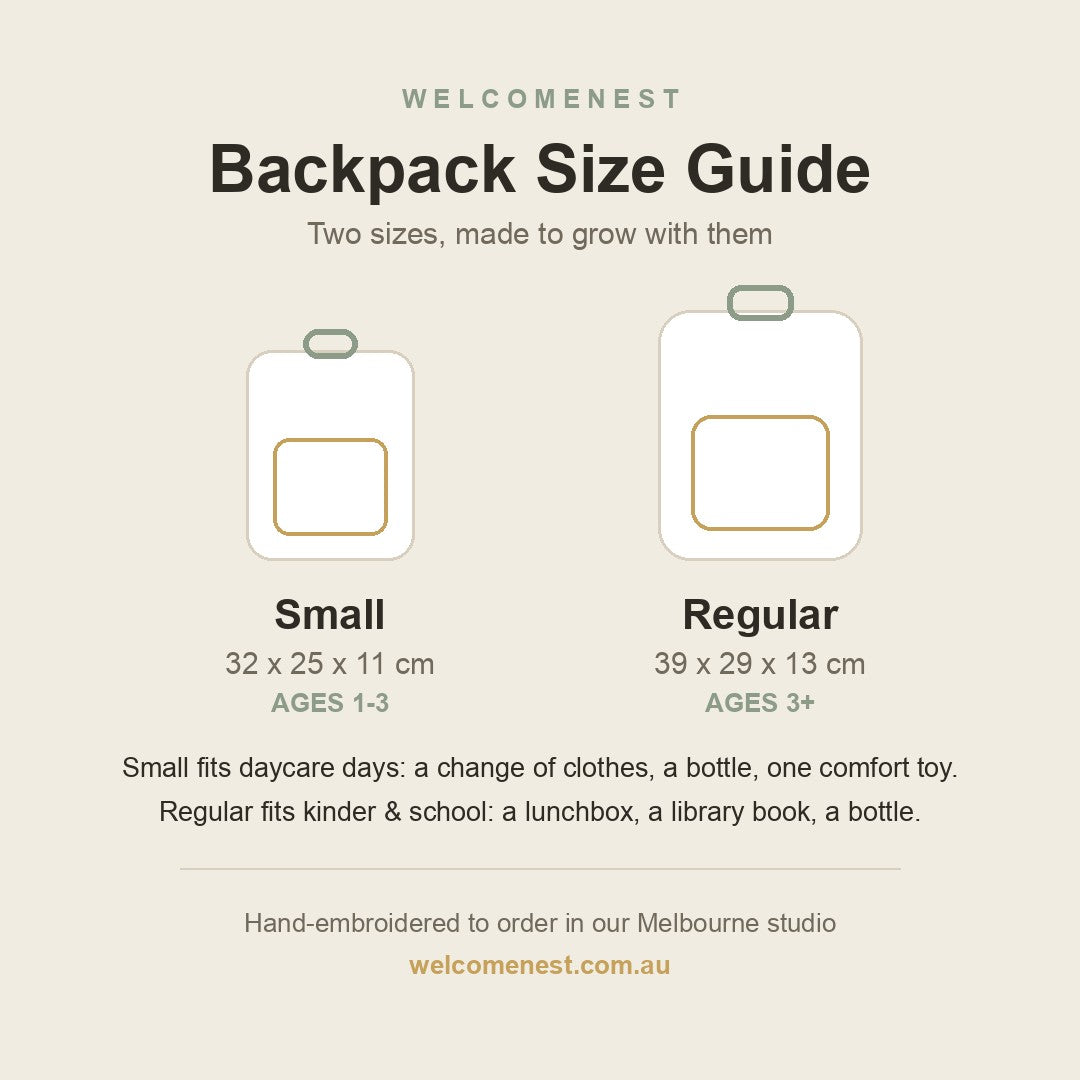 Welcomenest backpack size guide: Small 32x25x11cm for ages 1-3, Regular 39x29x13cm for ages 3 and up